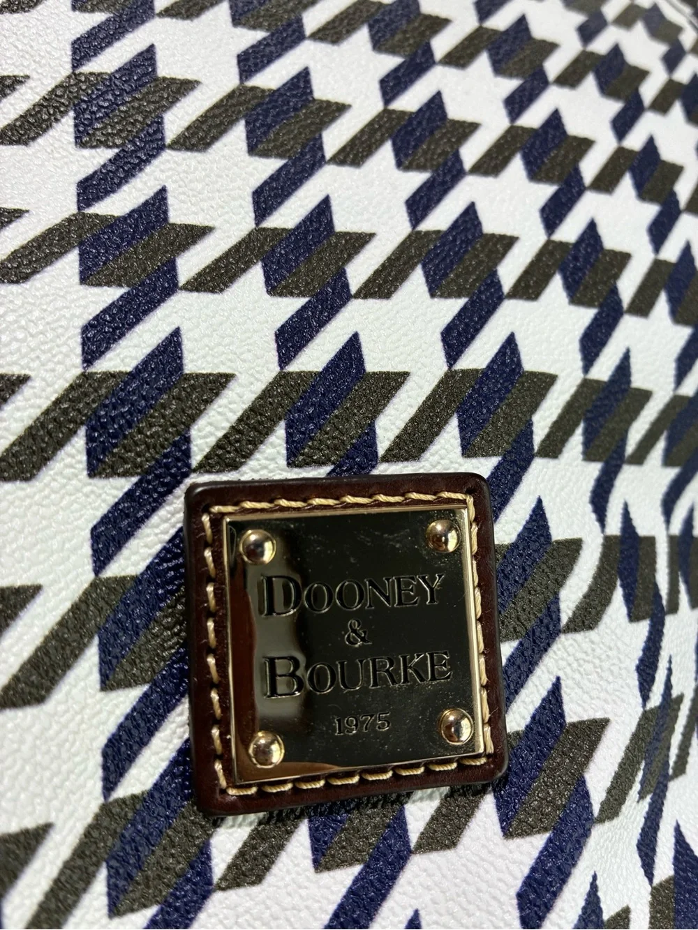 Dooney & Bourke Black and White Houndstooth Duffel with Brown Trim